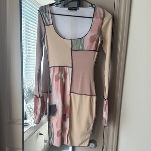 Fashion Nova Multicolor Patchwork Long Sleeve Dress